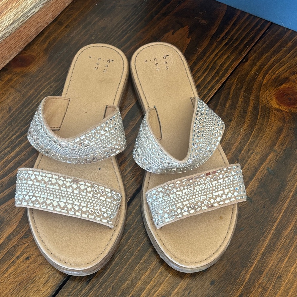 Sparkle Embellished Tan Slide Sandals